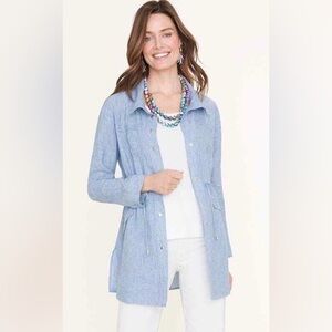 Chico’s blue linen utility jacket w/drawstring waist/snap front/pockets. Sz XL
